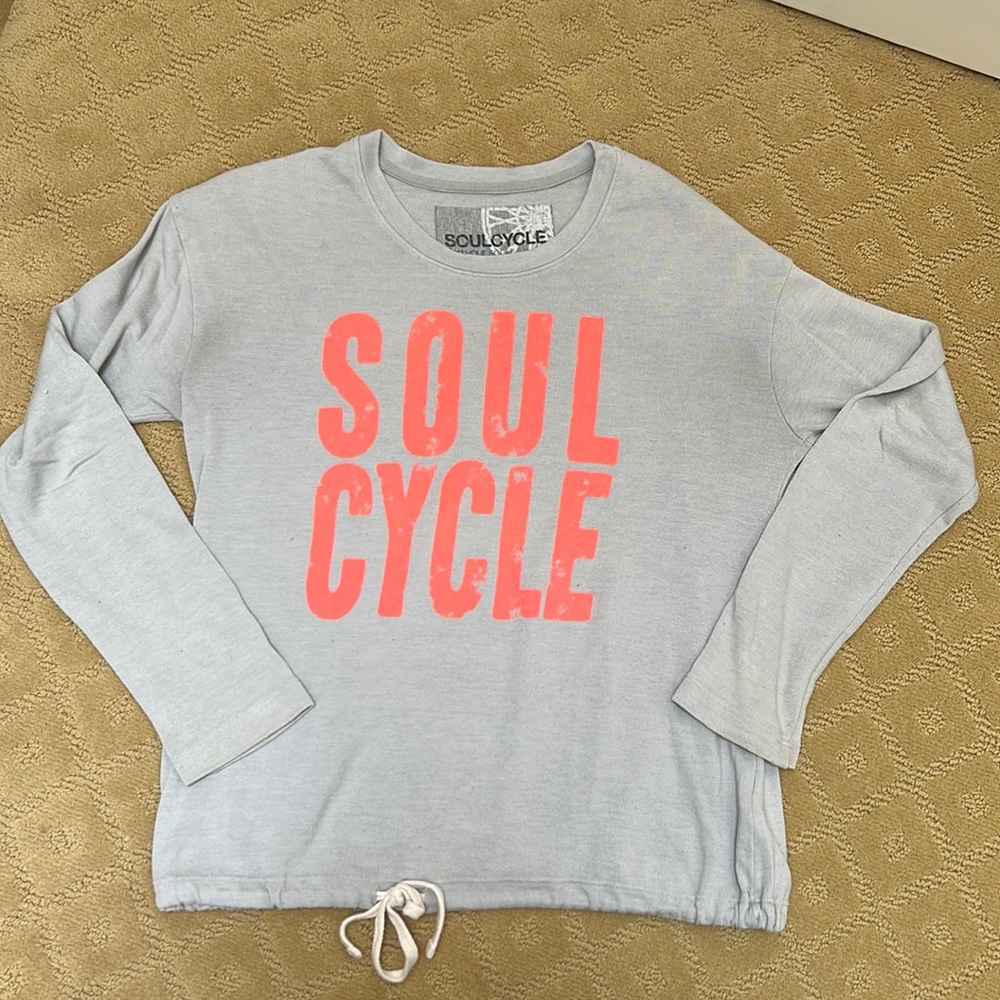 Soul cycle grey lightweight sweatshirt with distressed neon logo/details